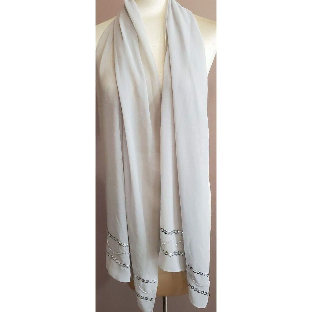 RSVP Shawl Wrap Scarf Gray Chiffon Silver Sequin Beaded Sheer 70x17" NEW Tags